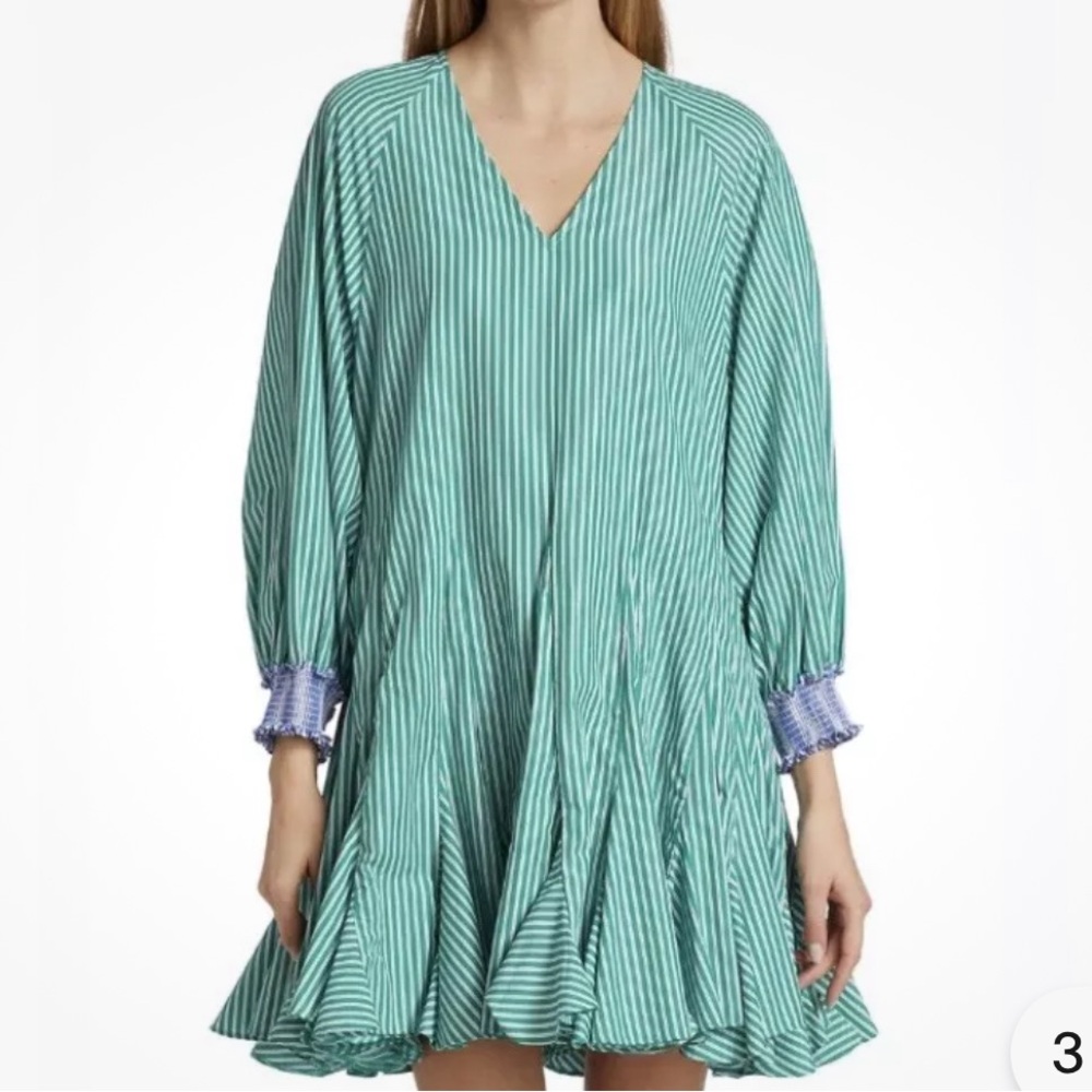 RHODE Olivia Striped Puff-Sleeve Linen Dress in Green Small 

With belt